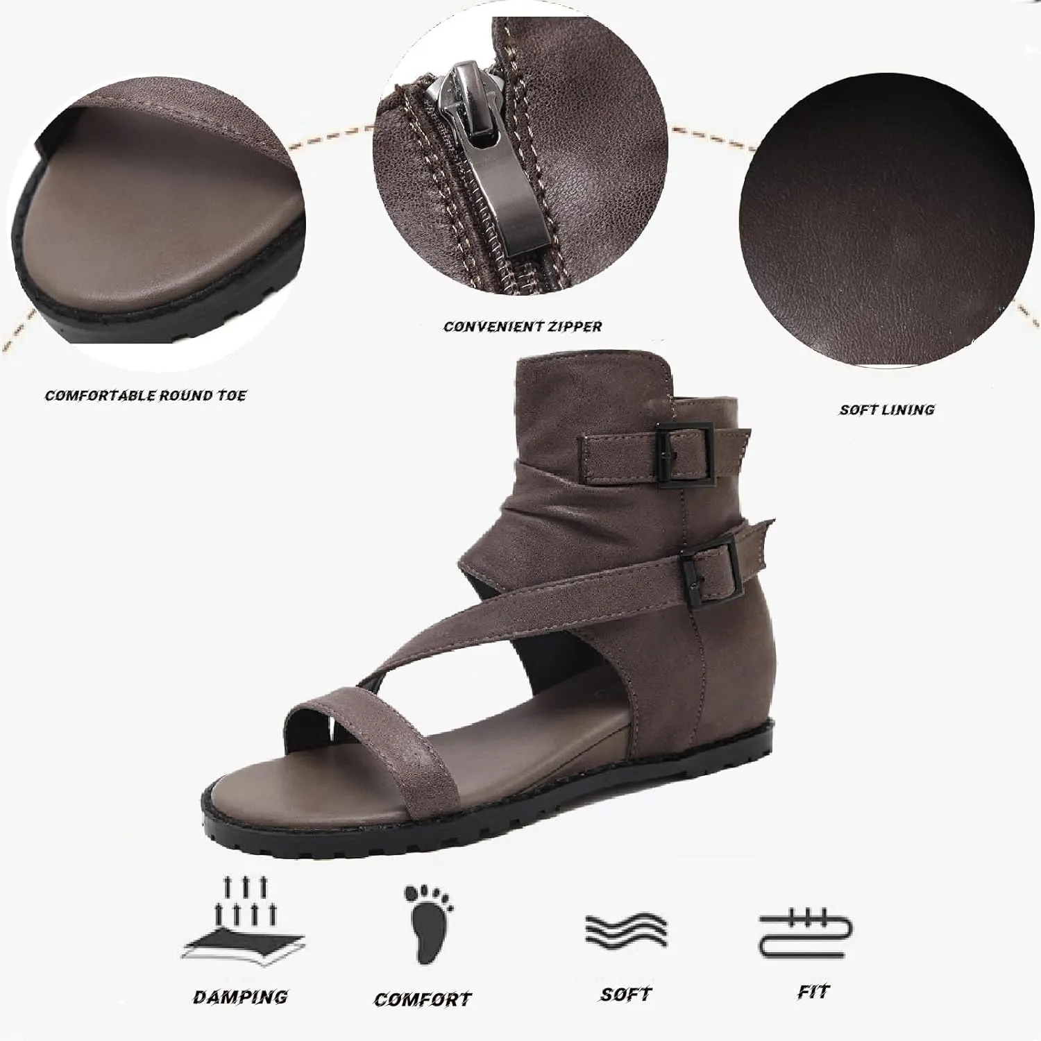 Women's Leather High Top Internal Increase Rome Sandals Boots Fashion Breathable Adjustable Buckle Strap Round Open Toe Flat Gothic Y2k Comfortable Non-Slip Party Casual Sandals