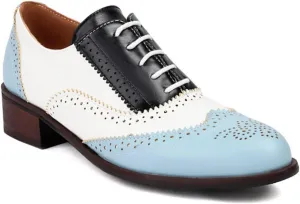 Women's Leather Perforated Lace-up Oxfords Classic Patchwork Color Wingtip Flat Brogues Shoes Round Toe Comfortable Derby Saddle Pumps