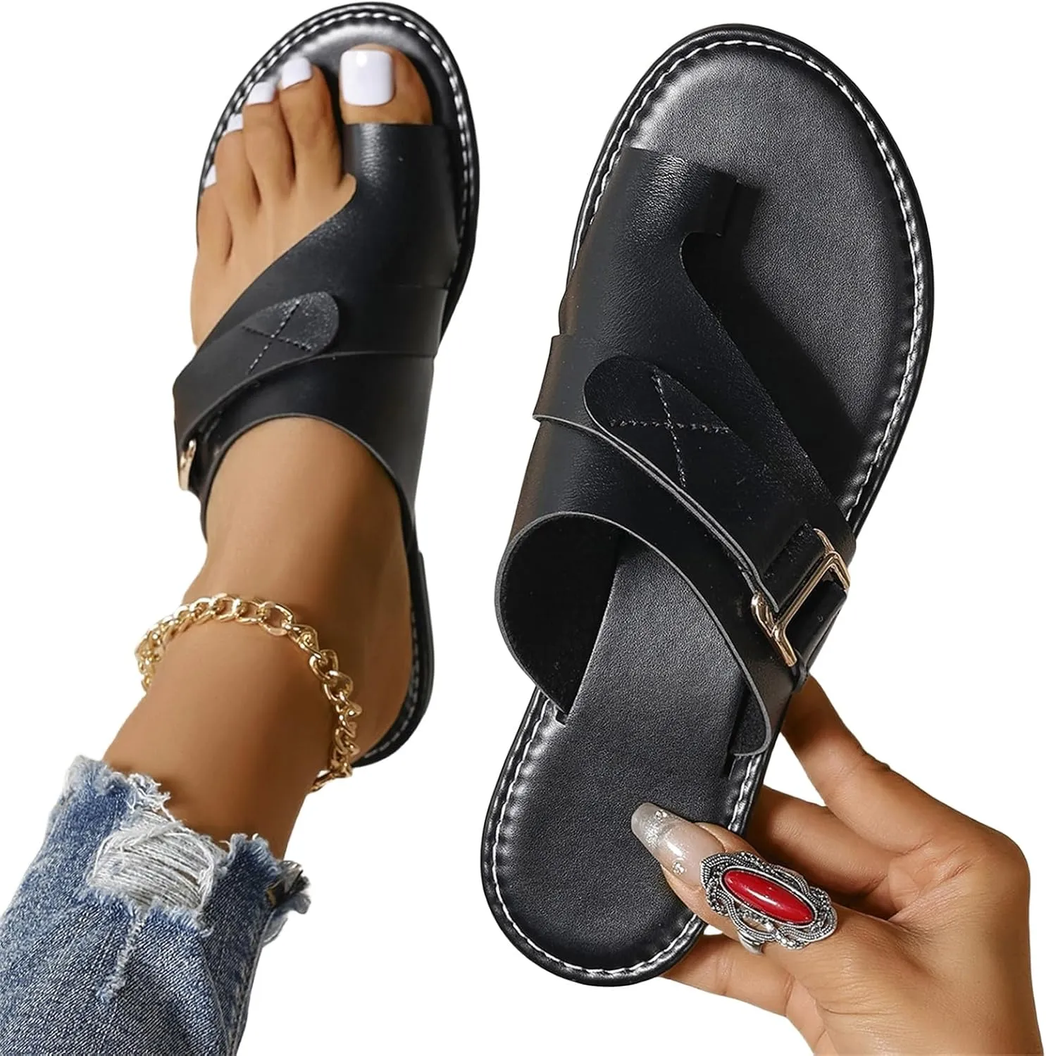 Women's Orthopedic Bunion Correction Leather Sandals Flip Flops Toe Ring Slip On Slide Flat Dressy Loop Strap on Slippers Ankle,Criss Cross Slingback Comfort Gladiator Sandals