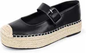 Women's Platform Mary Janes Espadrilles for Women Leather Round-Toe Buckle Strap Mary Jane Shoes Women Casual Party Work Flats Size 8.5 Black