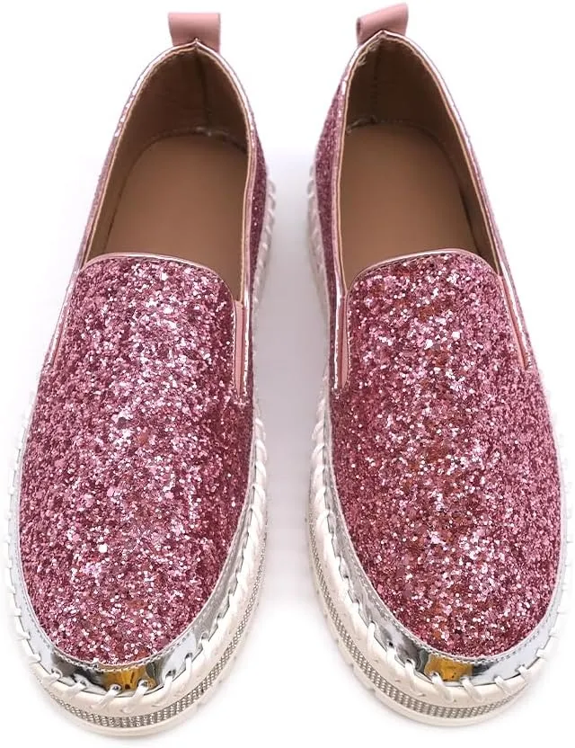 Women's Platform Rhinestones Glitter Fashion Sneakers Comfortable Slip On Flat Loafers Walking Wedding Dress Shoes Casual Shoes