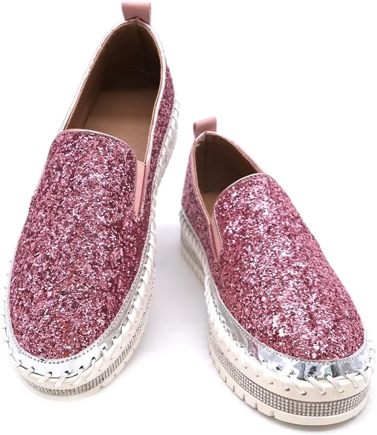 Women's Platform Rhinestones Glitter Fashion Sneakers Comfortable Slip On Flat Loafers Walking Wedding Dress Shoes Casual Shoes