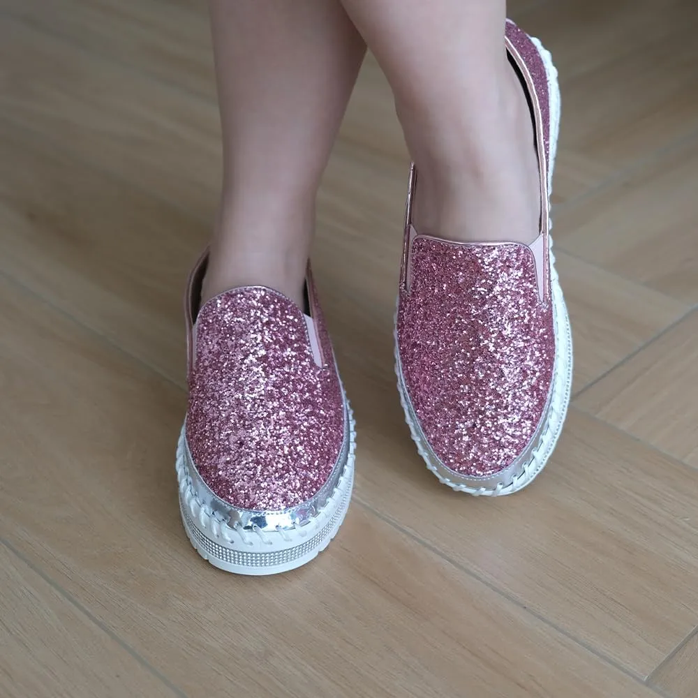 Women's Platform Rhinestones Glitter Fashion Sneakers Comfortable Slip On Flat Loafers Walking Wedding Dress Shoes Casual Shoes