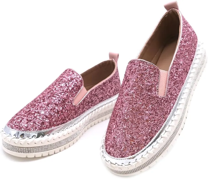 Women's Platform Rhinestones Glitter Fashion Sneakers Comfortable Slip On Flat Loafers Walking Wedding Dress Shoes Casual Shoes