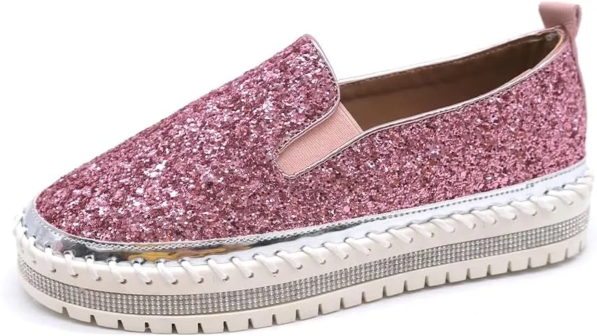 Women's Platform Rhinestones Glitter Fashion Sneakers Comfortable Slip On Flat Loafers Walking Wedding Dress Shoes Casual Shoes