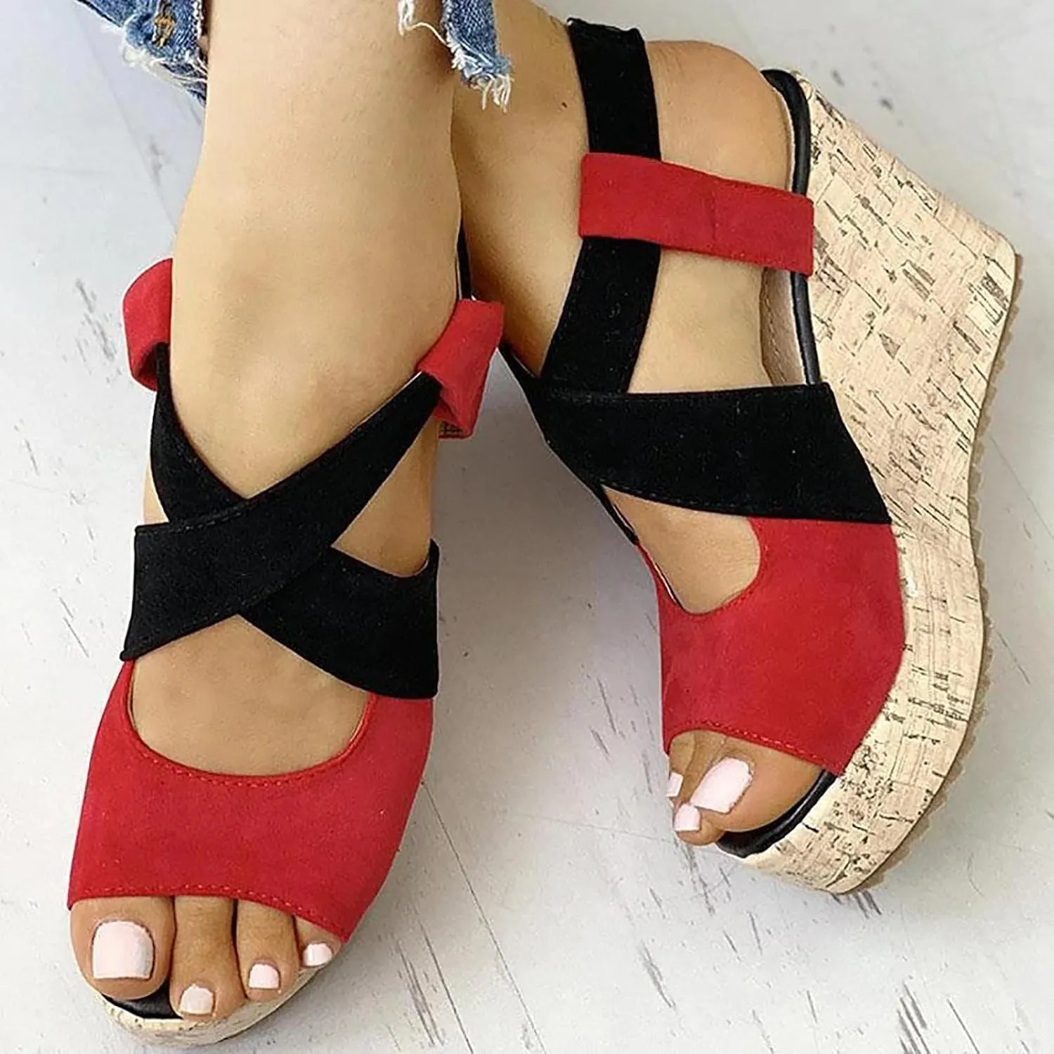 Women's Platform Sandals Wedge Open Toe Ankle Strap Lace Wedding Bridesmaid Shoes Rhinestone Comfortable Close Toe Wide Width