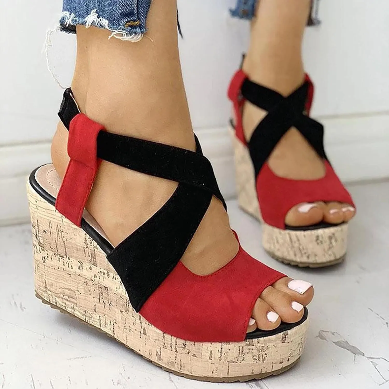 Women's Platform Sandals Wedge Open Toe Ankle Strap Lace Wedding Bridesmaid Shoes Rhinestone Comfortable Close Toe Wide Width