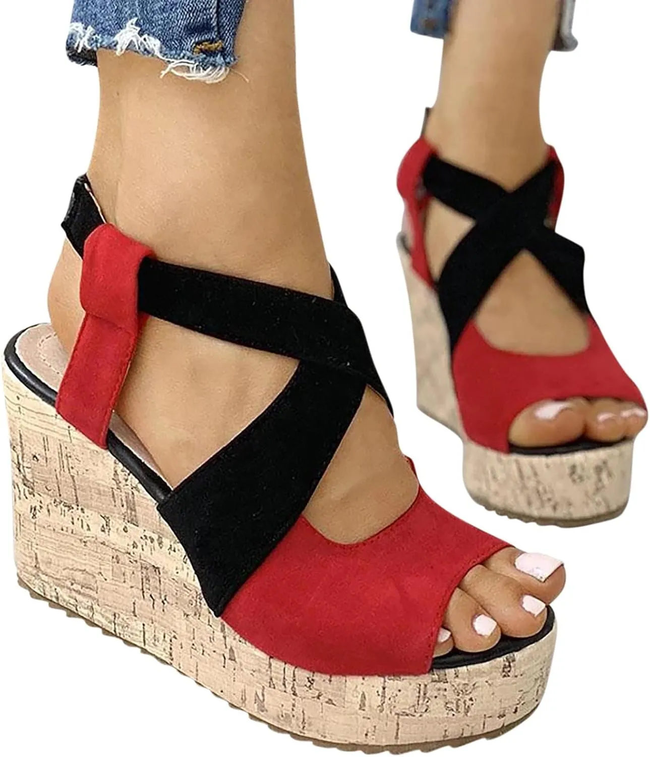Women's Platform Sandals Wedge Open Toe Ankle Strap Lace Wedding Bridesmaid Shoes Rhinestone Comfortable Close Toe Wide Width
