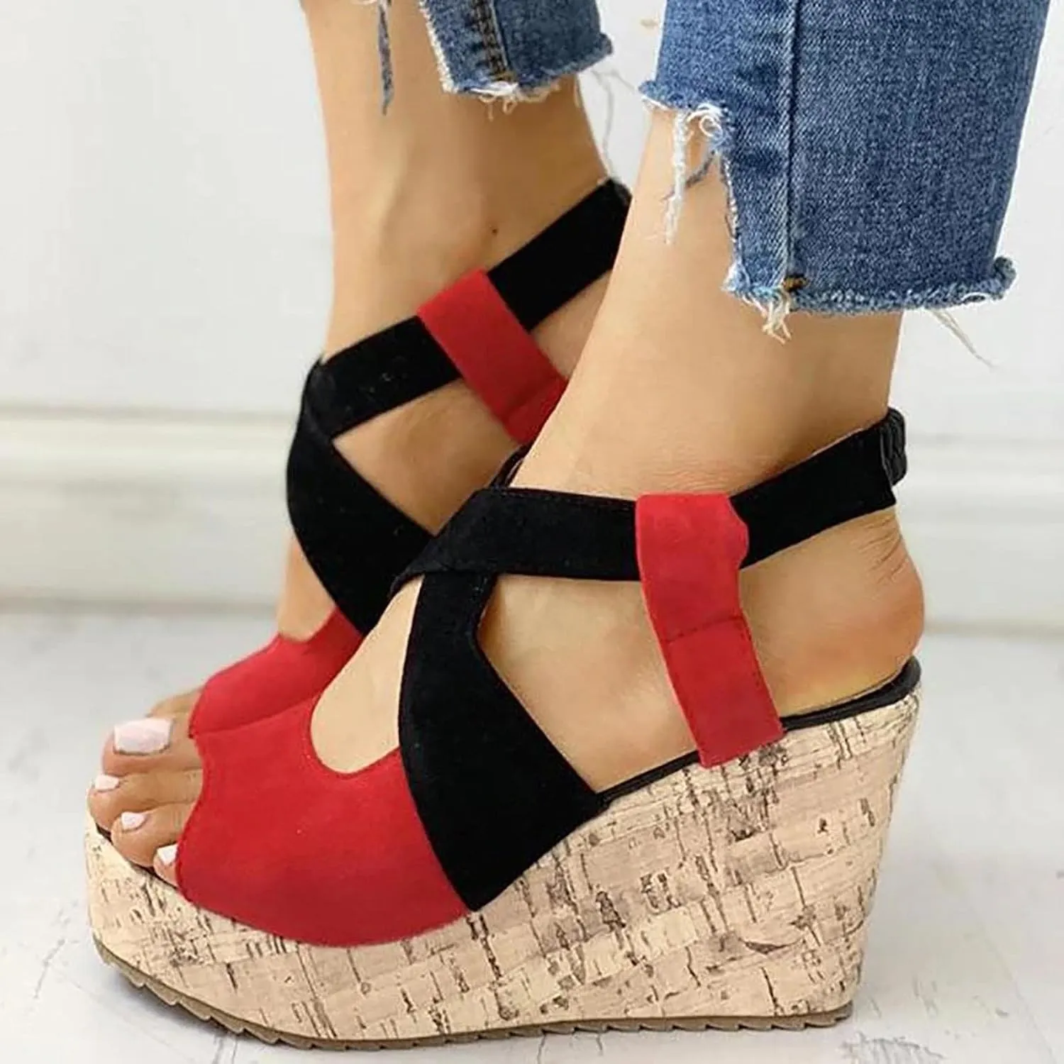 Women's Platform Sandals Wedge Open Toe Ankle Strap Lace Wedding Bridesmaid Shoes Rhinestone Comfortable Close Toe Wide Width