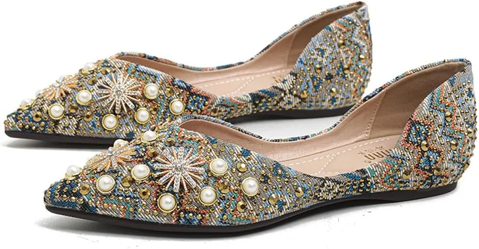 Women's Pointed Rhinestone Flat Shoes Glitter Flowers Wedding Comfortable Dress Shoes