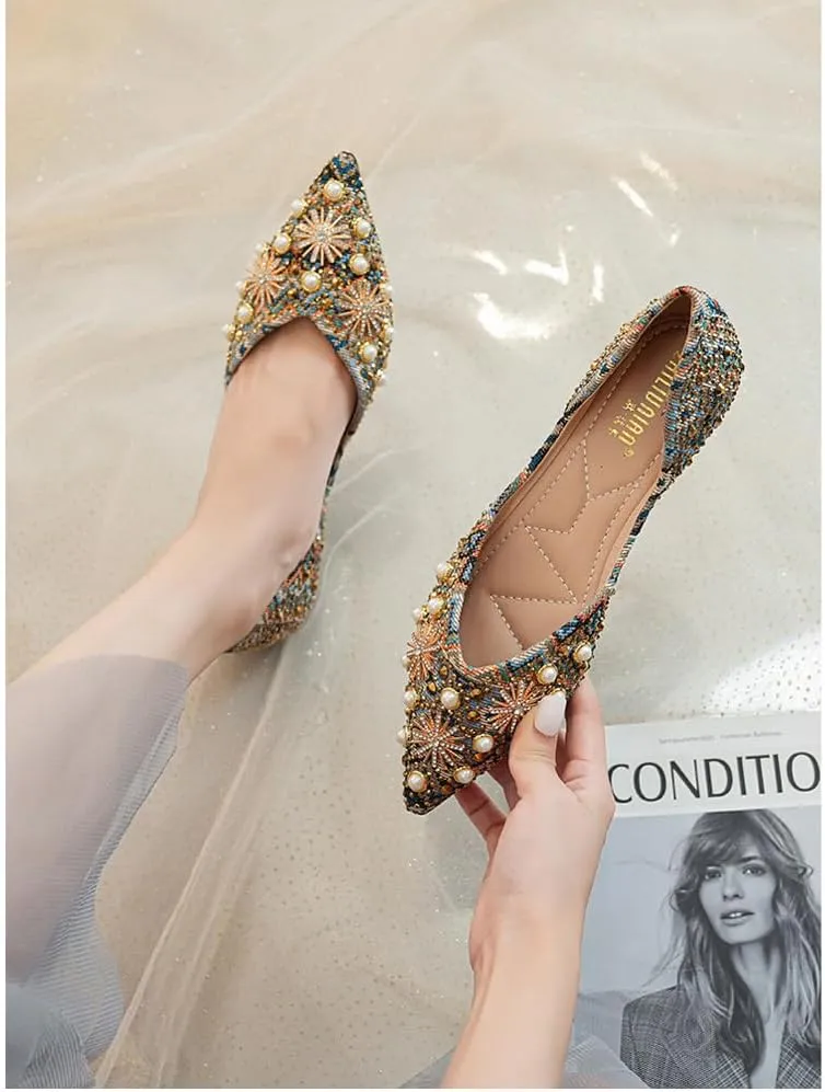 Women's Pointed Rhinestone Flat Shoes Glitter Flowers Wedding Comfortable Dress Shoes