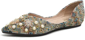 Women's Pointed Rhinestone Flat Shoes Glitter Flowers Wedding Comfortable Dress Shoes