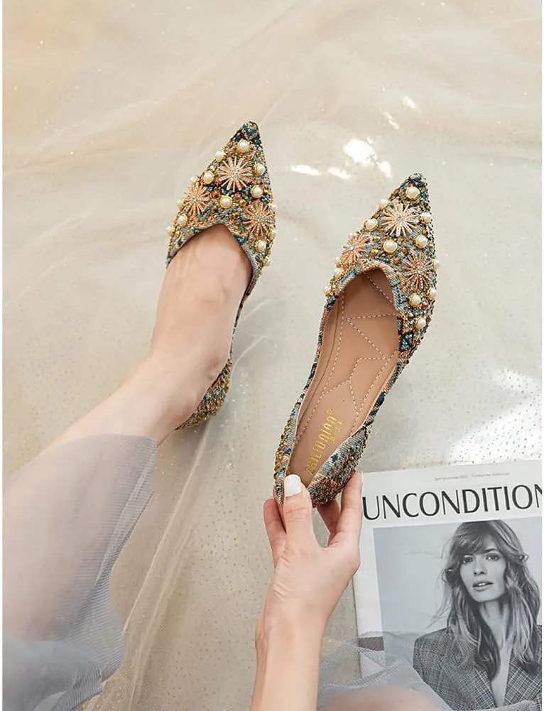 Women's Pointed Rhinestone Flat Shoes Glitter Flowers Wedding Comfortable Dress Shoes