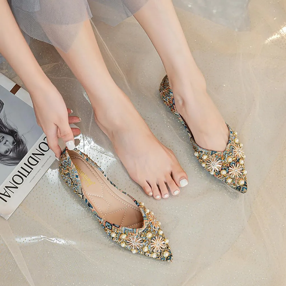 Women's Pointed Rhinestone Flat Shoes Glitter Flowers Wedding Comfortable Dress Shoes