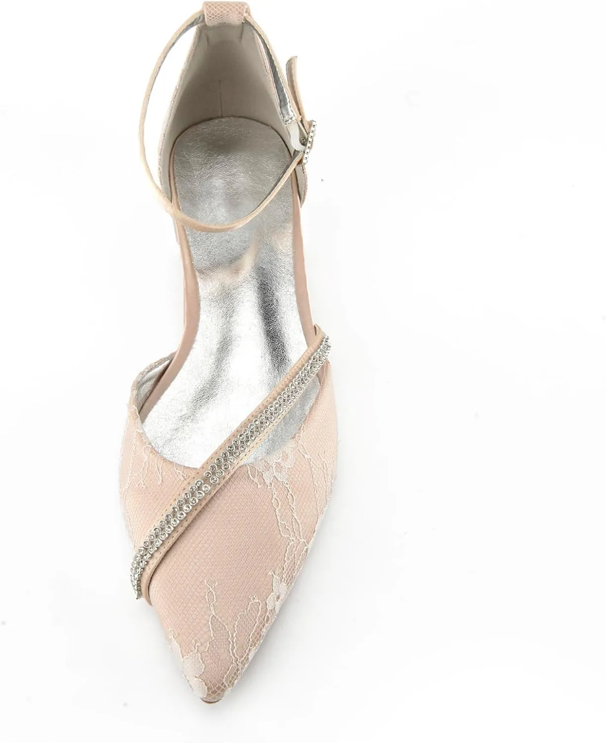 Women's Pointed Toe Wedding Flats for Bride Comfortable Lace Wedding Shoes Low Heels Crystal Strap Bridal Flats
