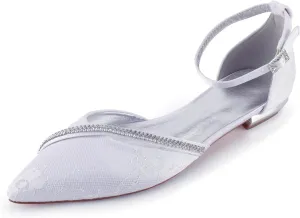 Women's Pointed Toe Wedding Flats for Bride Comfortable Lace Wedding Shoes Low Heels Crystal Strap Bridal Flats