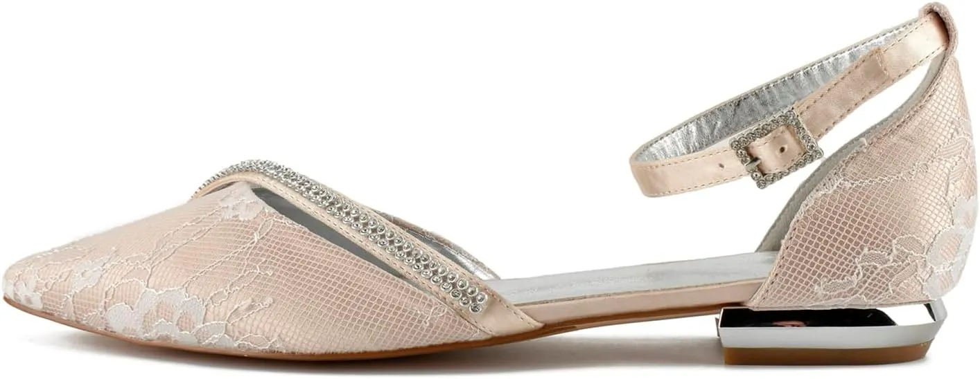 Women's Pointed Toe Wedding Flats for Bride Comfortable Lace Wedding Shoes Low Heels Crystal Strap Bridal Flats