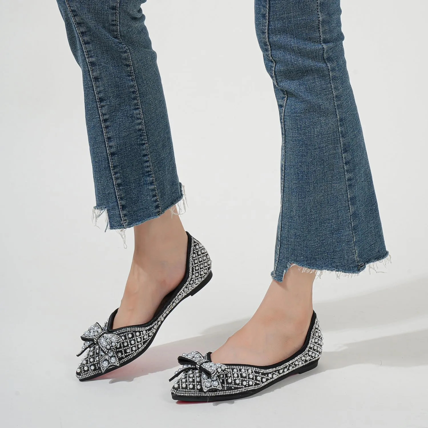 Women's Rhinestone Flats Pointed Toe Low Heel Wedding Shoes Comfortable Women Dress Shoes ﻿