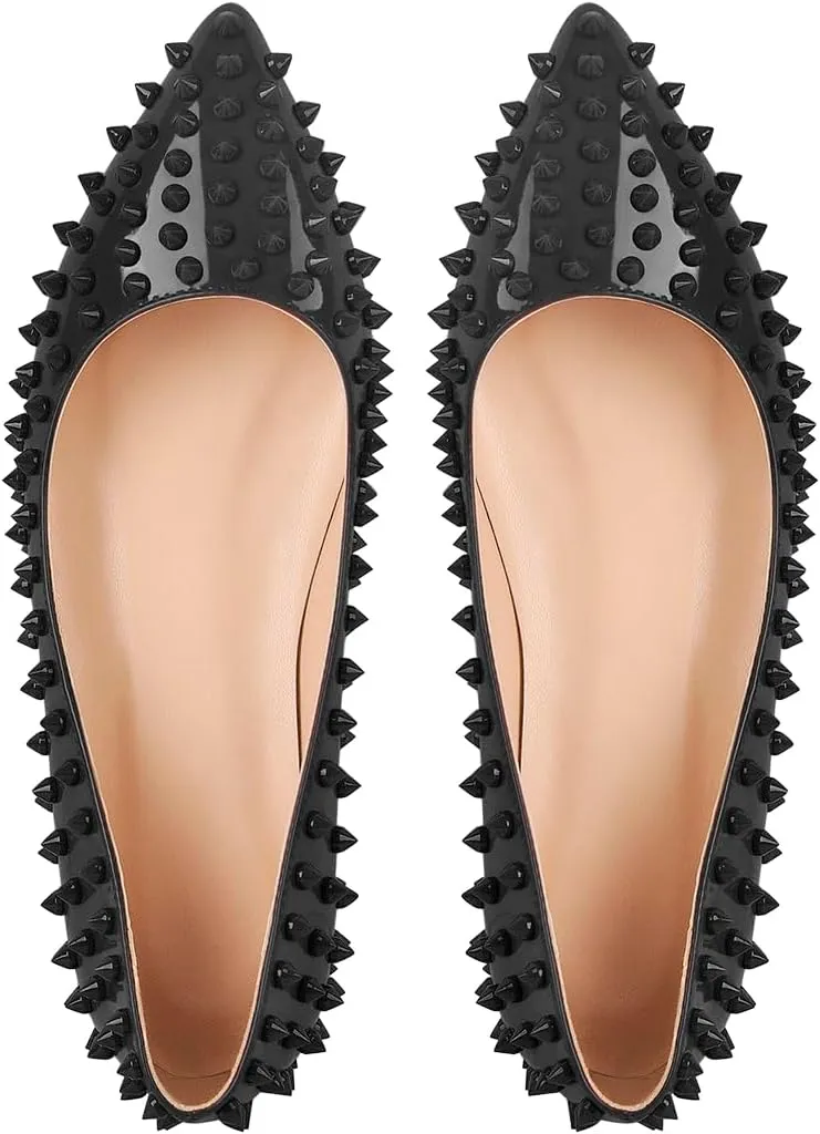 Women's Rivet Pointed Toe Slip on Flats Shoes,Fashion Studded Leather Comfortable Office