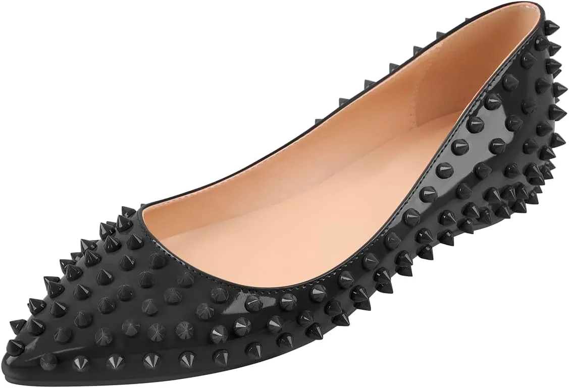 Women's Rivet Pointed Toe Slip on Flats Shoes,Fashion Studded Leather Comfortable Office