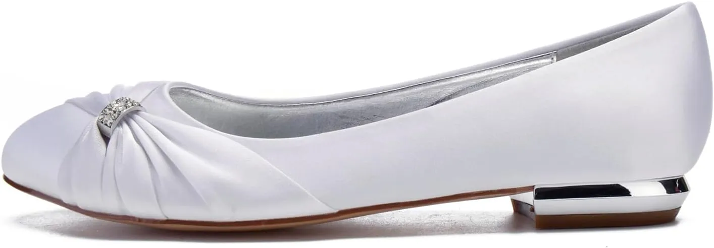 Women's Round Toe Satin Wedding Shoes for Bride Flats Comfortable Rhinestones Bridal Flats Evening Prom Party Dress Shoes Pumps