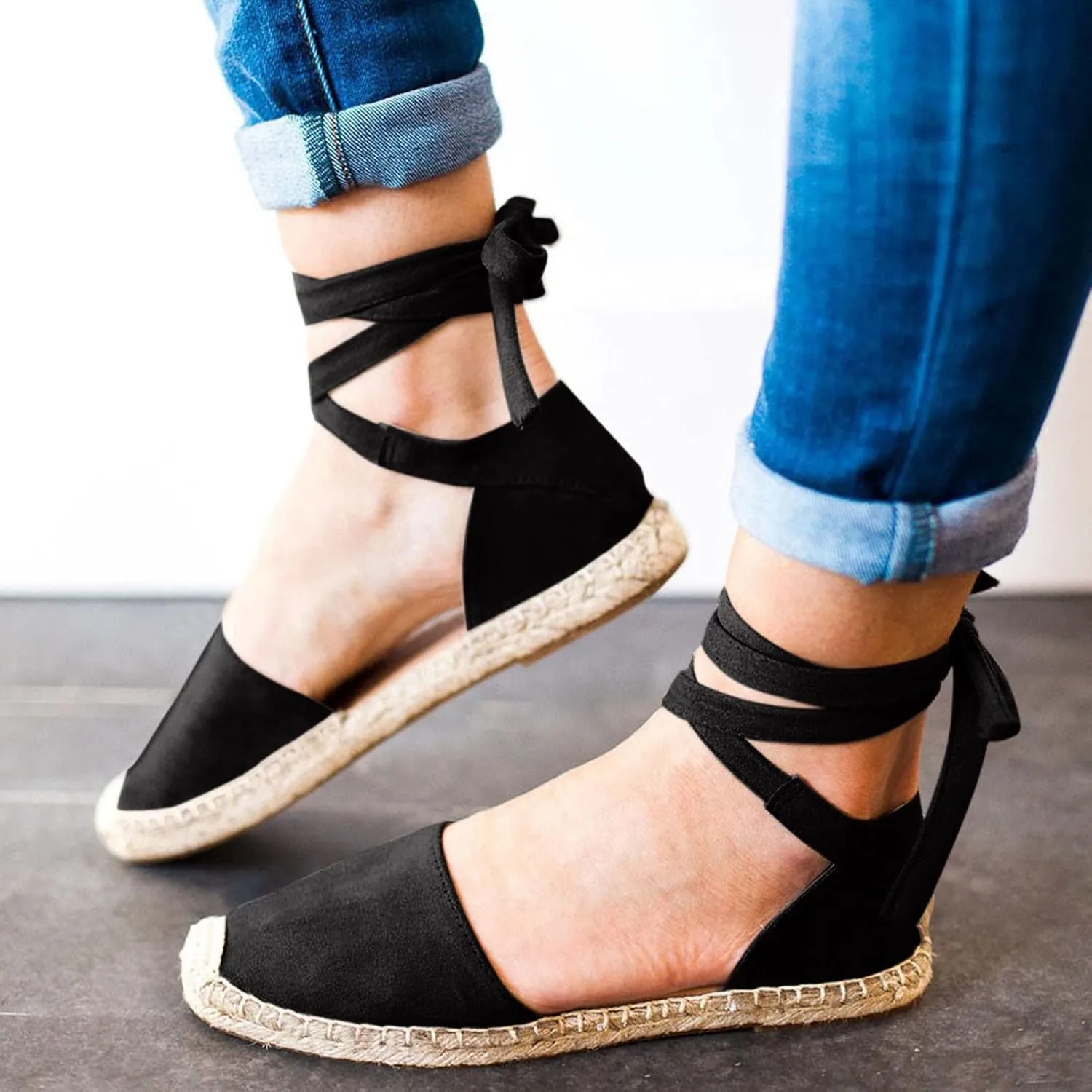 Womens Summer Espadrille Platform Flat Sandals Closed Toe Crisscross Elastic Ankle Buckle Strap Arch Support Shoes