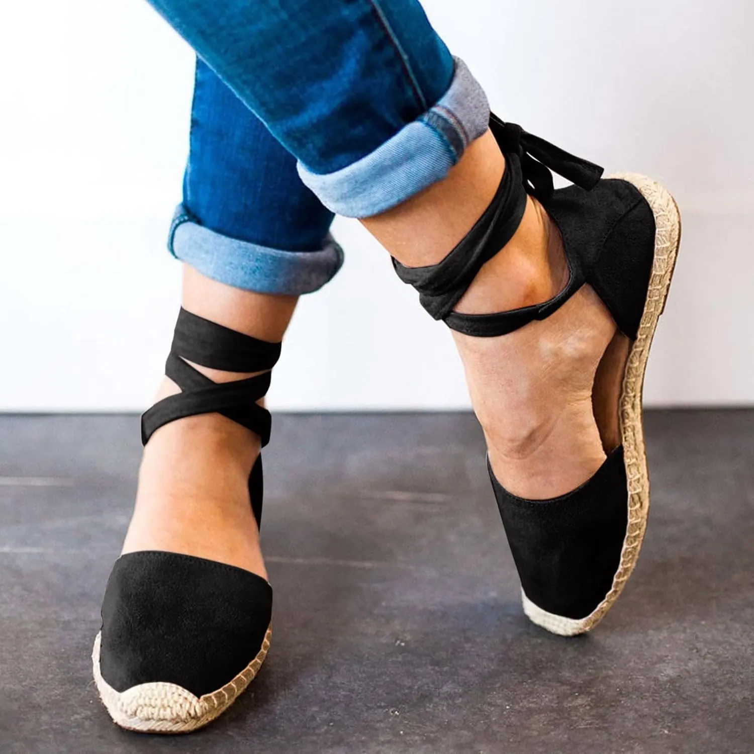 Womens Summer Espadrille Platform Flat Sandals Closed Toe Crisscross Elastic Ankle Buckle Strap Arch Support Shoes