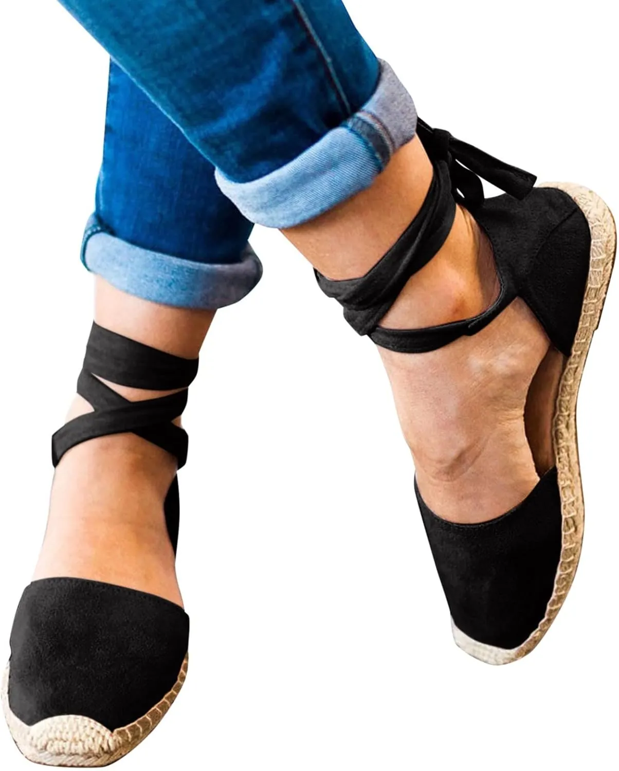 Womens Summer Espadrille Platform Flat Sandals Closed Toe Crisscross Elastic Ankle Buckle Strap Arch Support Shoes