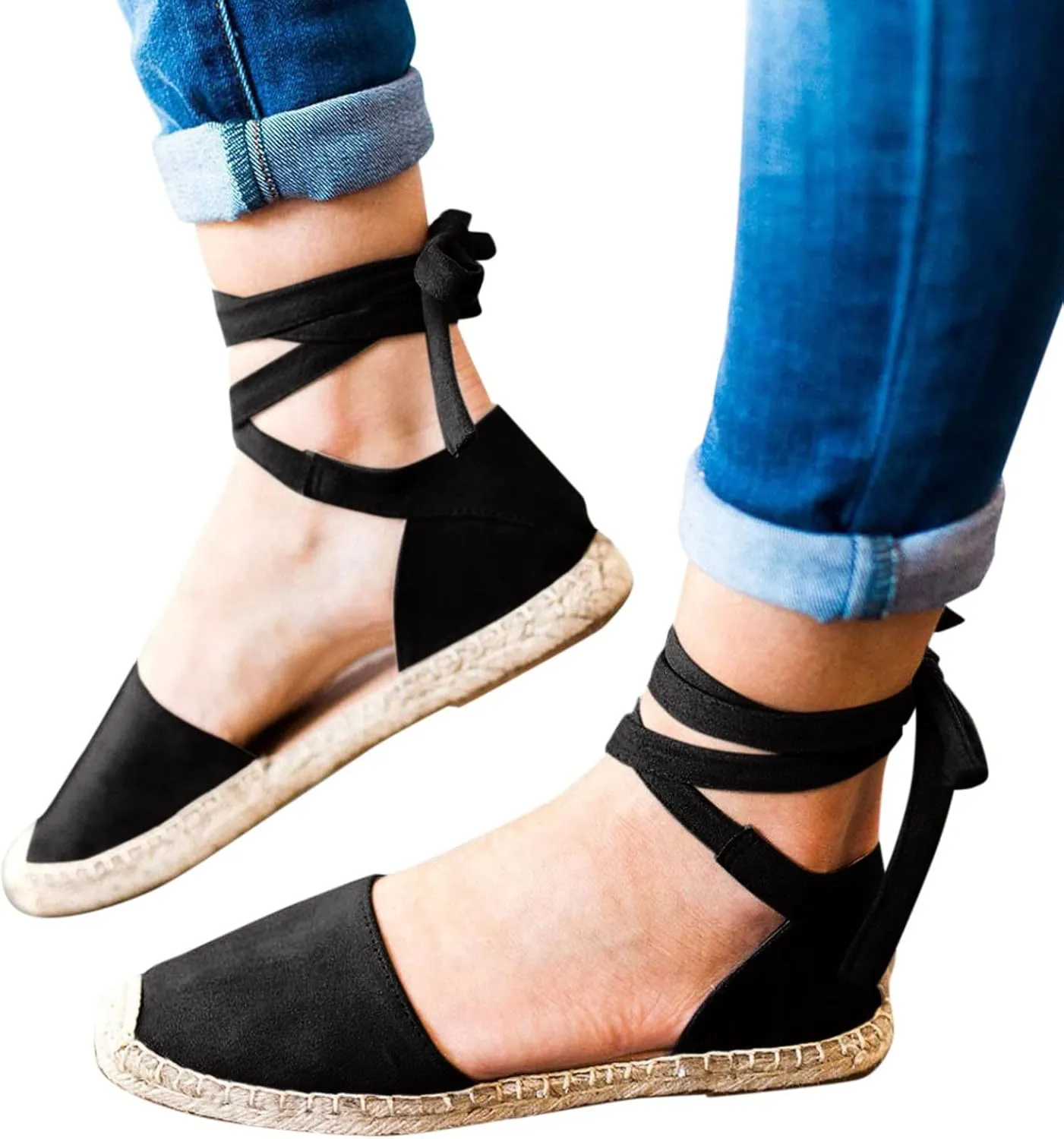 Womens Summer Espadrille Platform Flat Sandals Closed Toe Crisscross Elastic Ankle Buckle Strap Arch Support Shoes