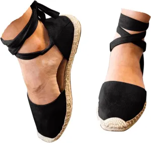 Womens Summer Espadrille Platform Flat Sandals Closed Toe Crisscross Elastic Ankle Buckle Strap Arch Support Shoes