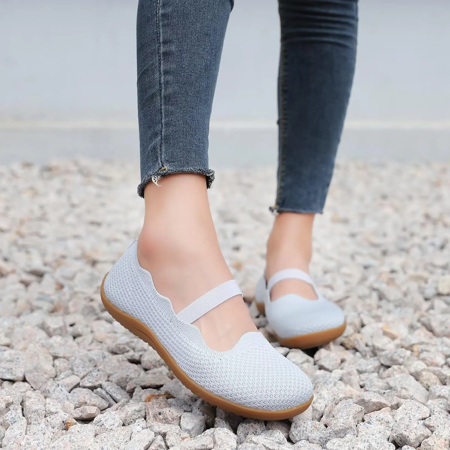 Women's Wide Toe Box Flats Knit Mary Jane Ballet Flats Wide Width Walking Dressy Shoes with Arch Support Comfortable