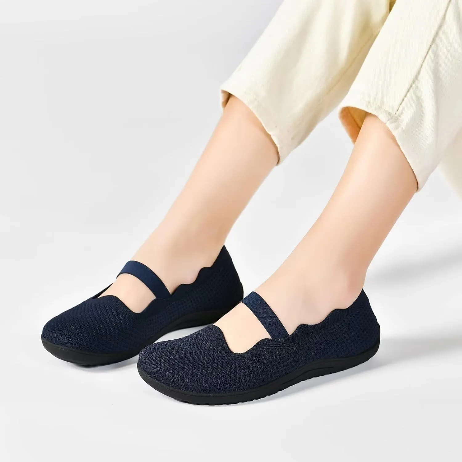 Women's Wide Toe Box Flats Knit Mary Jane Ballet Flats Wide Width Walking Dressy Shoes with Arch Support Comfortable