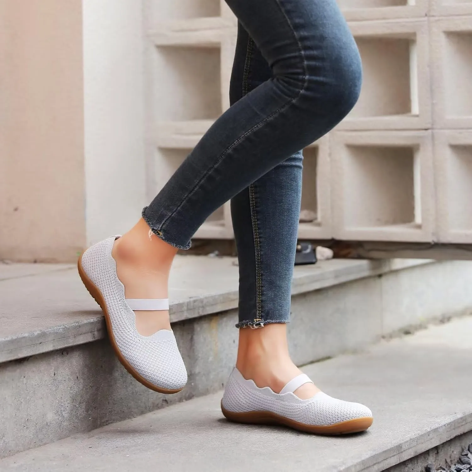 Women's Wide Toe Box Flats Knit Mary Jane Ballet Flats Wide Width Walking Dressy Shoes with Arch Support Comfortable
