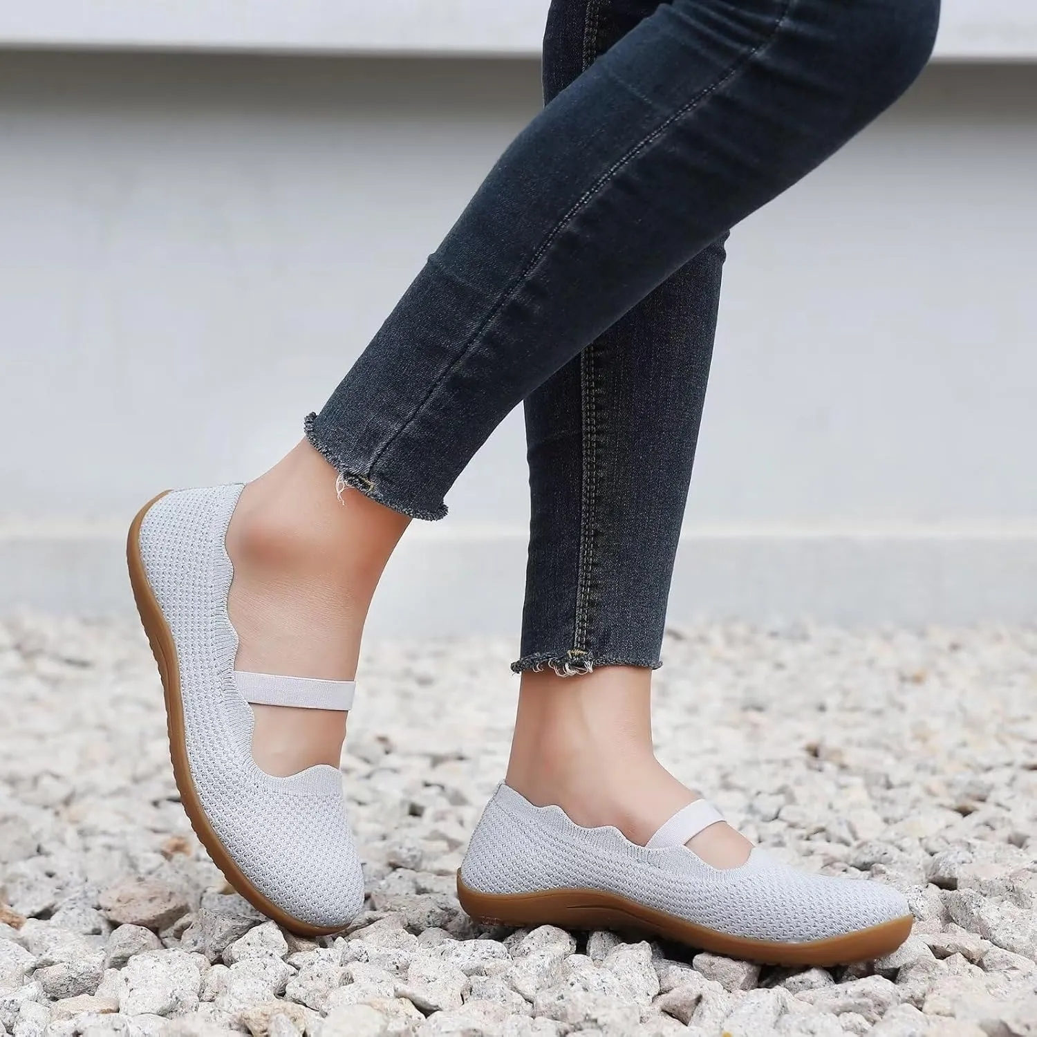 Women's Wide Toe Box Flats Knit Mary Jane Ballet Flats Wide Width Walking Dressy Shoes with Arch Support Comfortable