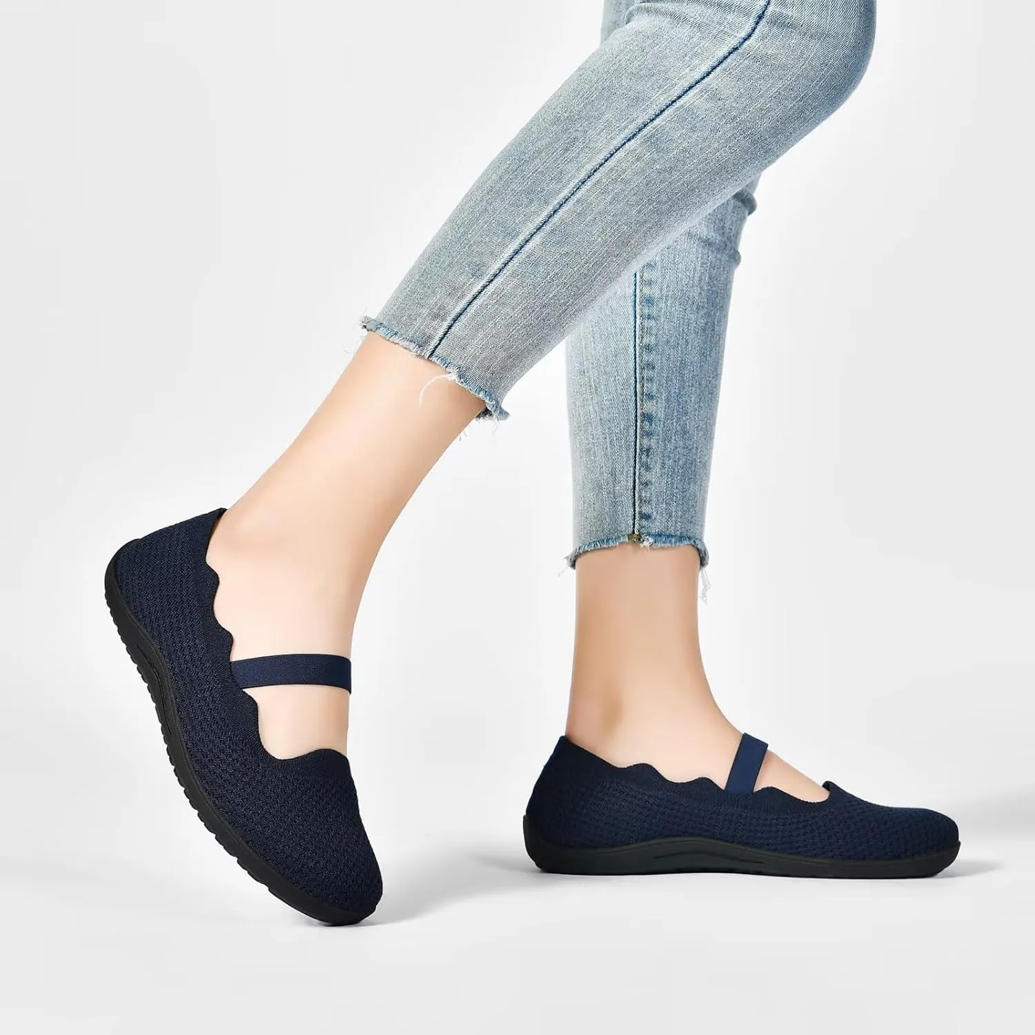 Women's Wide Toe Box Flats Knit Mary Jane Ballet Flats Wide Width Walking Dressy Shoes with Arch Support Comfortable
