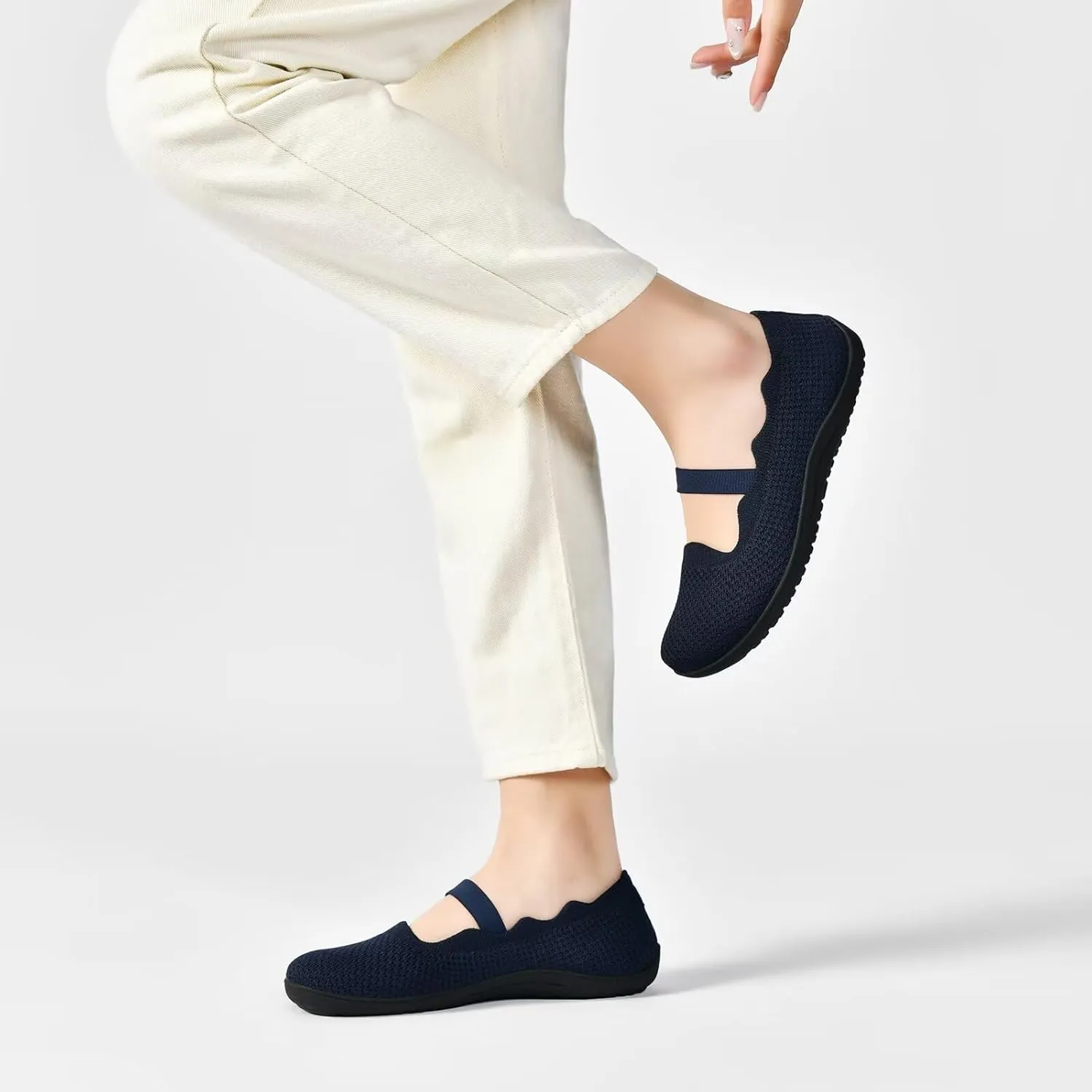 Women's Wide Toe Box Flats Knit Mary Jane Ballet Flats Wide Width Walking Dressy Shoes with Arch Support Comfortable