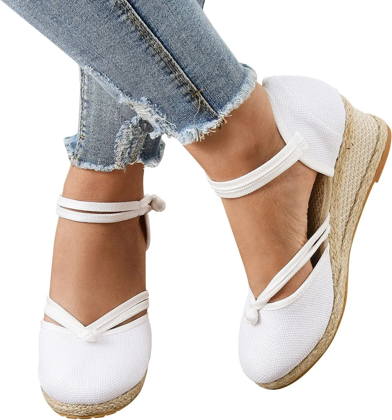 Womenyiaor Closed Toe Sandals Women, Women's Espadrilles Low Wedge Heel Sandals Ankle Strap Espadrille Wedge Sandals Dressy Casual Summer Comfortable Platform Wedge Shoes (a-White, 6.5)