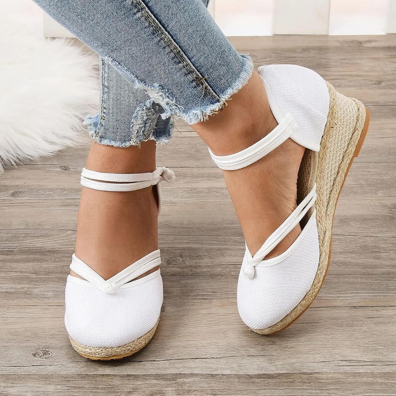 Womenyiaor Closed Toe Sandals Women, Women's Espadrilles Low Wedge Heel Sandals Ankle Strap Espadrille Wedge Sandals Dressy Casual Summer Comfortable Platform Wedge Shoes (a-White, 6.5)