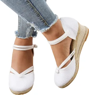 Womenyiaor Closed Toe Sandals Women, Women's Espadrilles Low Wedge Heel Sandals Ankle Strap Espadrille Wedge Sandals Dressy Casual Summer Comfortable Platform Wedge Shoes (a-White, 6.5)