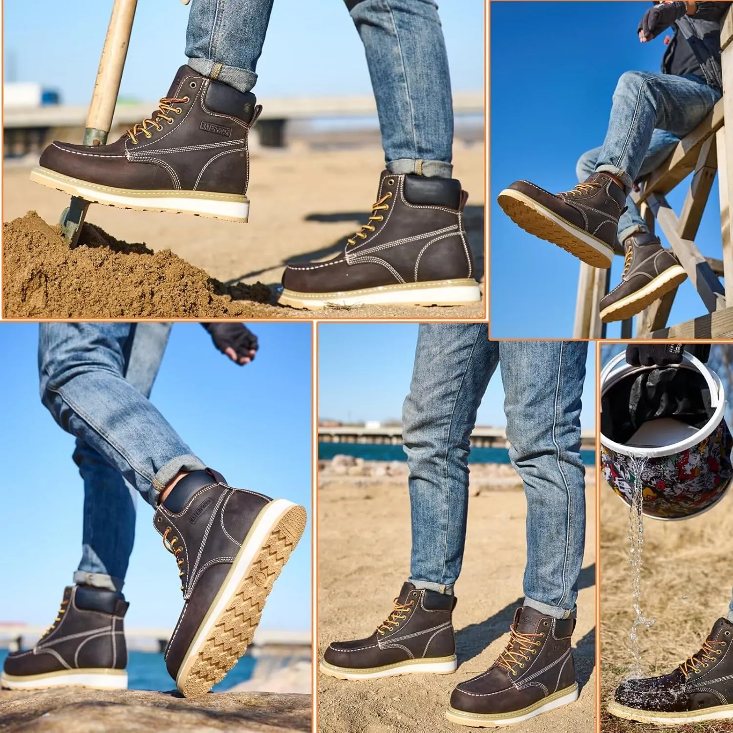 Work Boots for Men, 6" Soft Toe Wedge Sole Waterproof Safety Boots, Comfortable Construction Work Safety Shoes