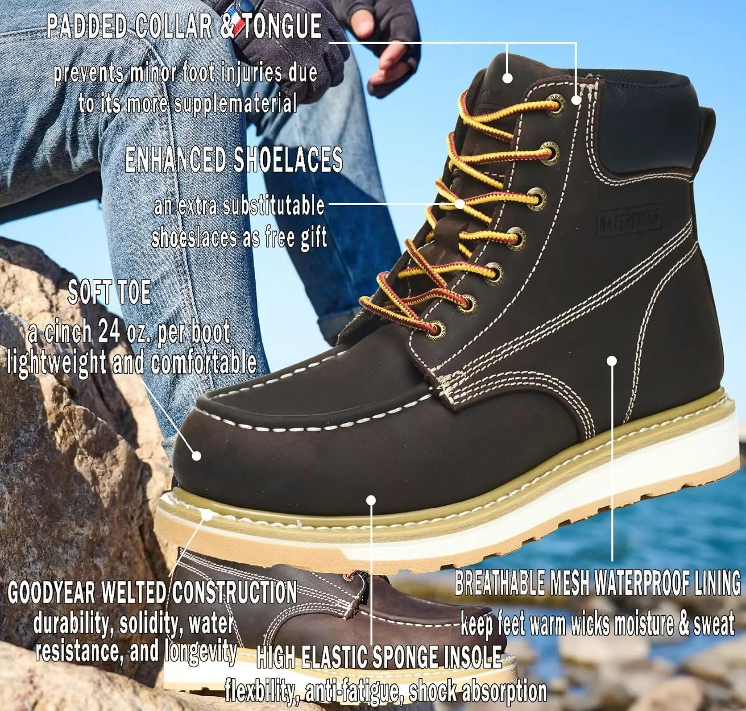 Work Boots for Men, 6" Soft Toe Wedge Sole Waterproof Safety Boots, Comfortable Construction Work Safety Shoes