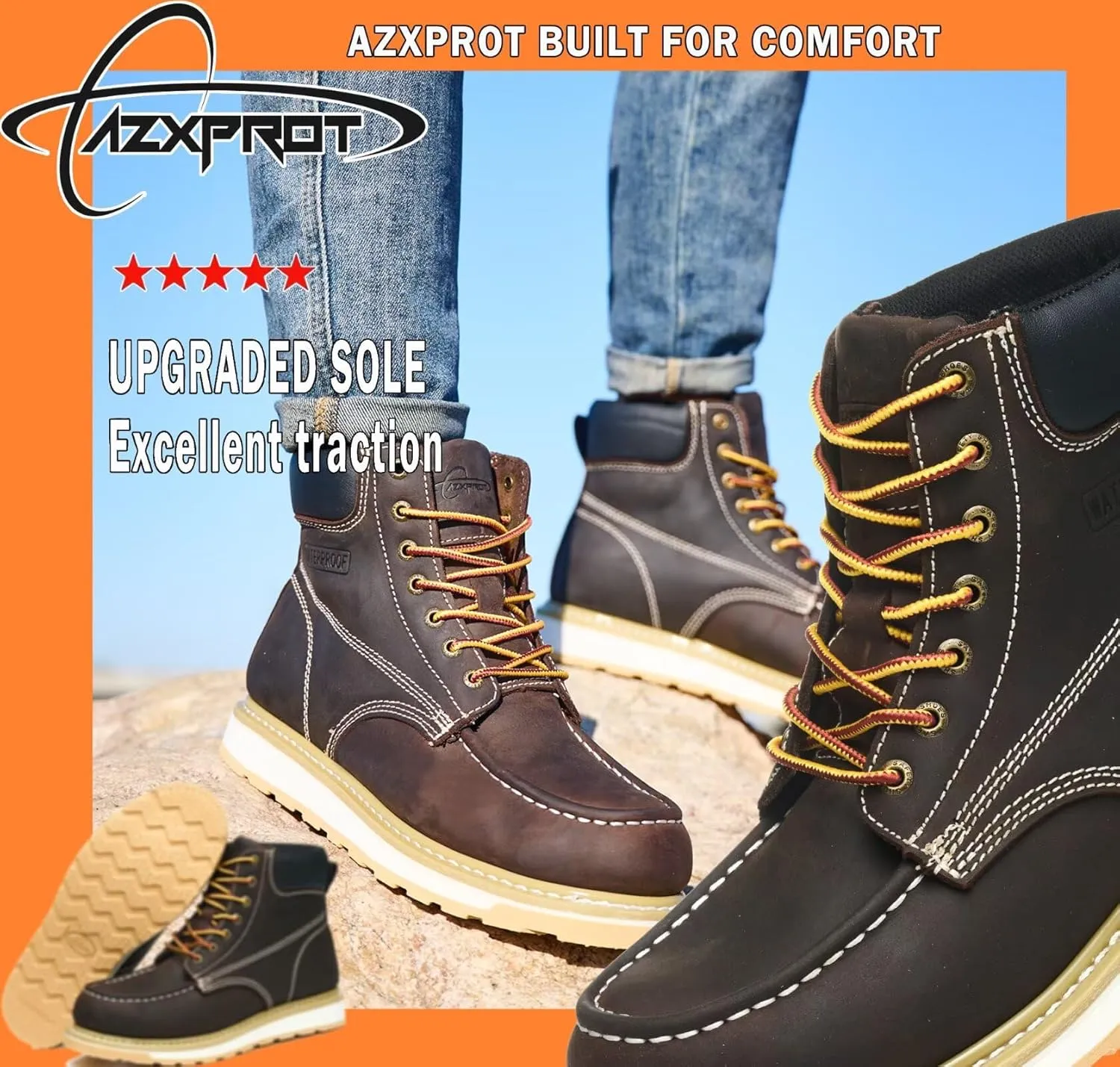 Work Boots for Men, 6" Soft Toe Wedge Sole Waterproof Safety Boots, Comfortable Construction Work Safety Shoes