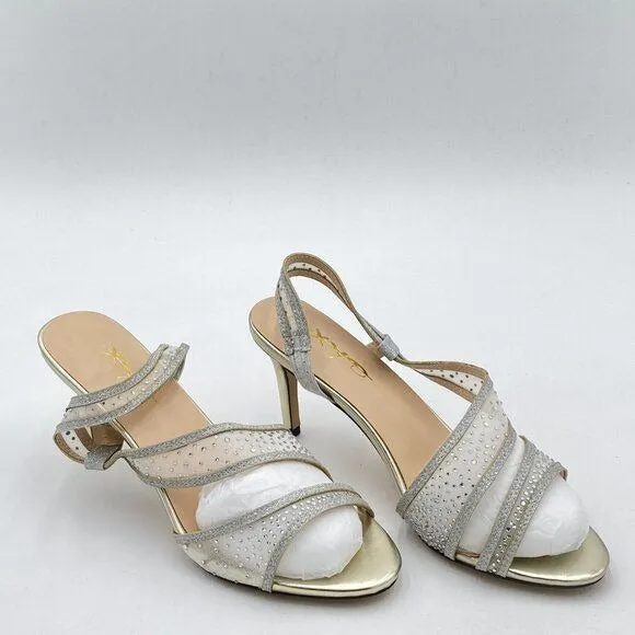 XYD Light Champagne Open Toe Crystal Studs Bridal High Heel Mesh Rhineston Pumps