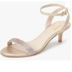 XYD Light Gold Open Toe Ankle Strap Kitten Heel Rhinestones Buckle Sandal
