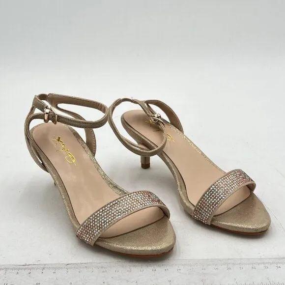 XYD Light Gold Open Toe Ankle Strap Kitten Heel Rhinestones Buckle Sandal