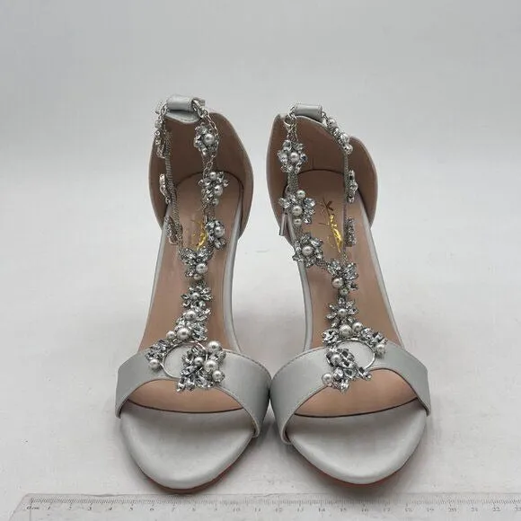 XYD Light Grey High Heel Wedding Rhinestones T-Strap Crystal Prom Sandals