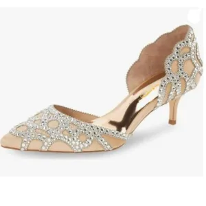 XYD Light Tan Elegant Pointed Toe D'Orsay Kitten Heel Rhinestone Studs Pumps