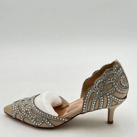 XYD Light Tan Elegant Pointed Toe D'Orsay Kitten Heel Rhinestone Studs Pumps