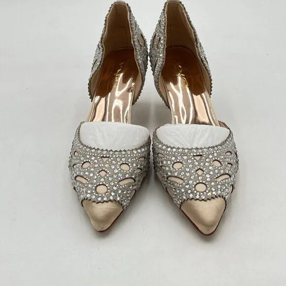 XYD Light Tan Elegant Pointed Toe D'Orsay Kitten Heel Rhinestone Studs Pumps