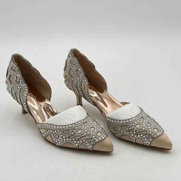 XYD Light Tan Elegant Pointed Toe D'Orsay Kitten Heel Rhinestone Studs Pumps